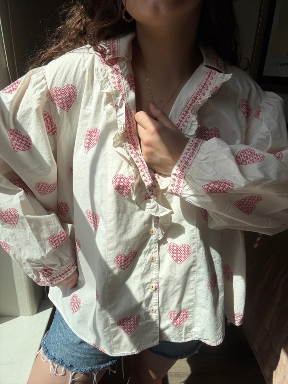 Anthropologie Heart Print Ruffle Blouse | Cottagecore Button Down | Size L